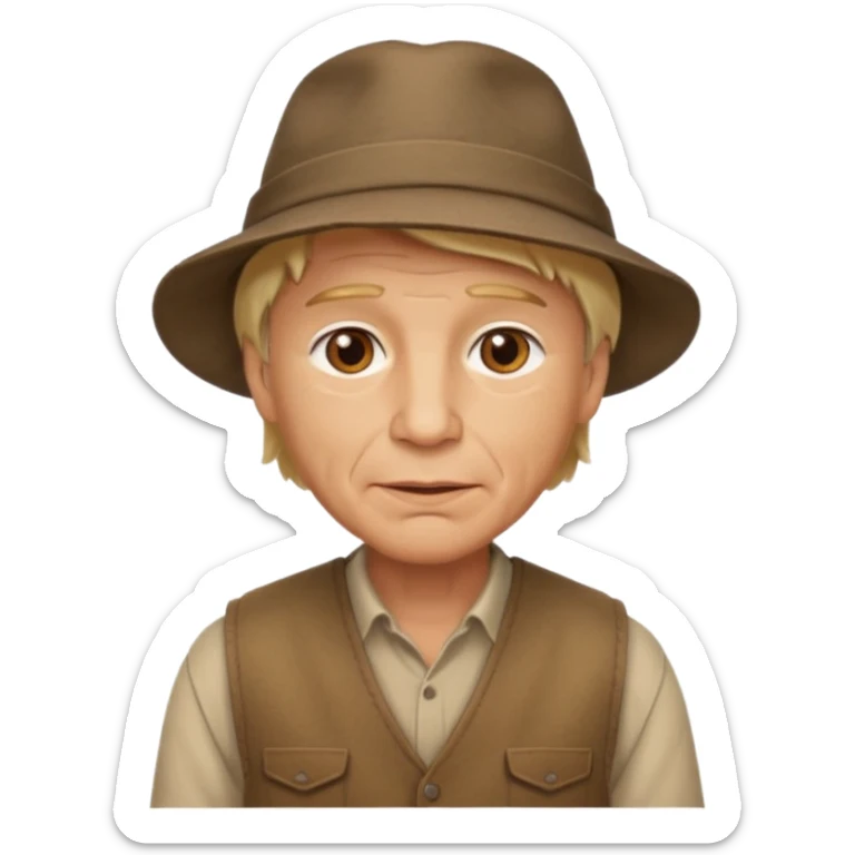 create an emoji of a man with wrinkles. he has an adventurer look, with short blonde hair, brown eyes, slightly tanned skin, natural lips. he wears a brown vest with a fisher hat sticker