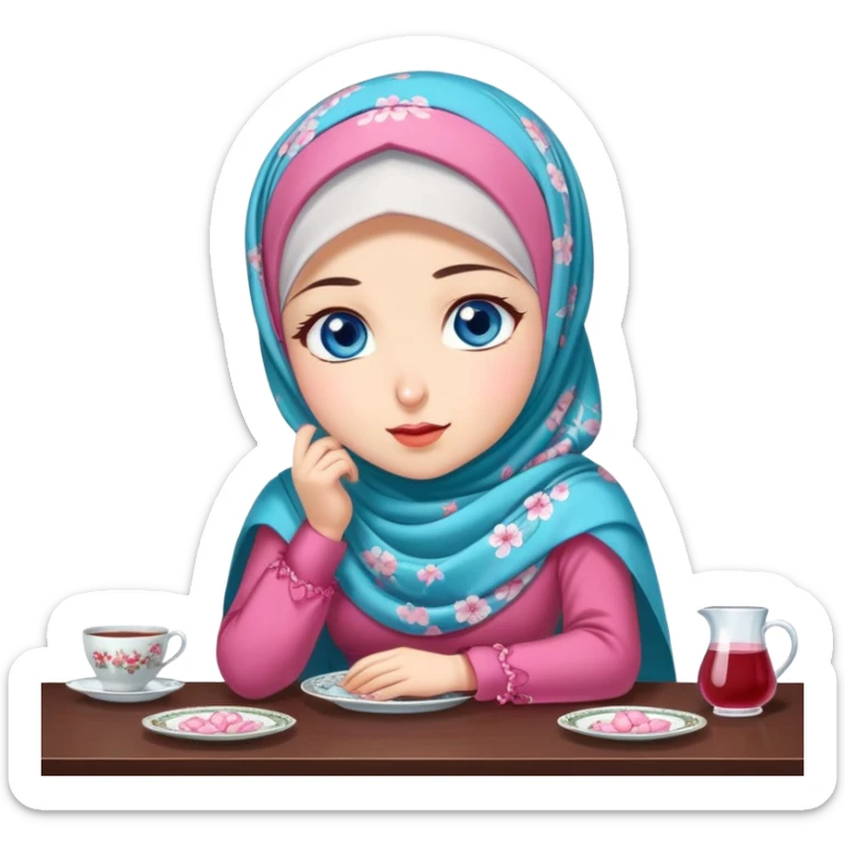 Turkish beautiful finish Konya girl blue eyes with cherry blossom floral hijab islamic dress and with yummy Drooling face on the table sticker