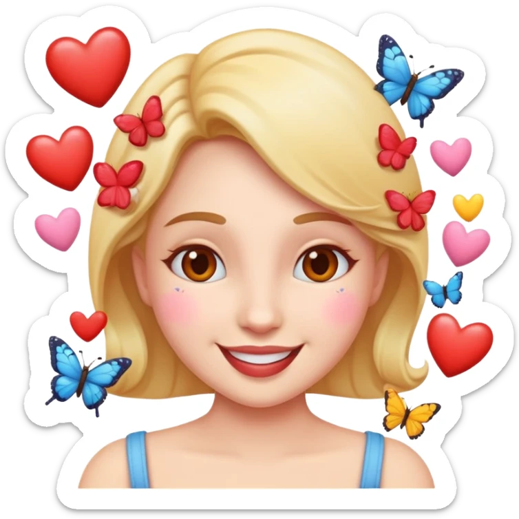 A happy feminine emoji with love and butterflies around her  sticker