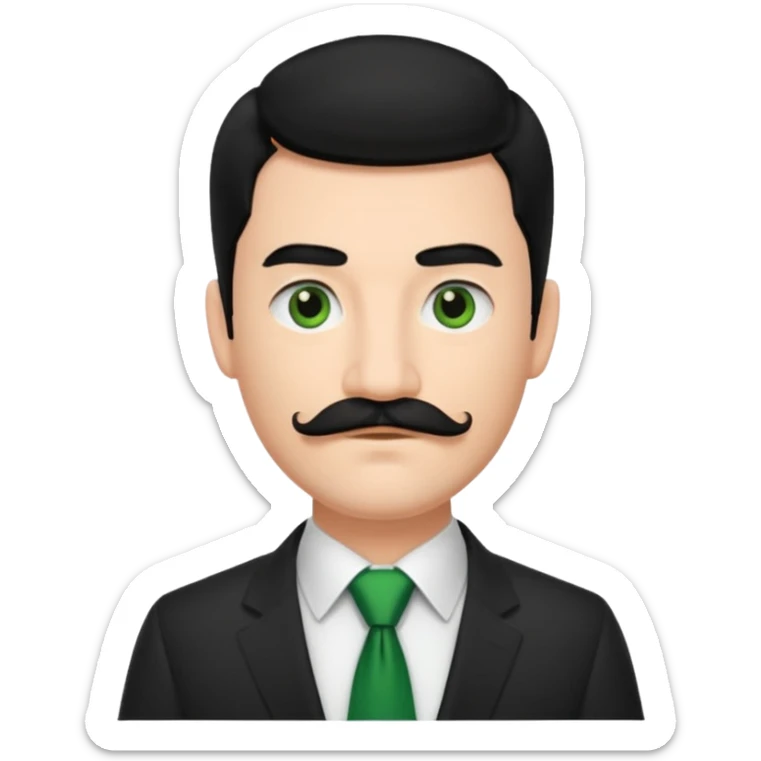 ["Fair-skinned man with black hair and a moustache, wearing a dark suit and green tie."] sticker