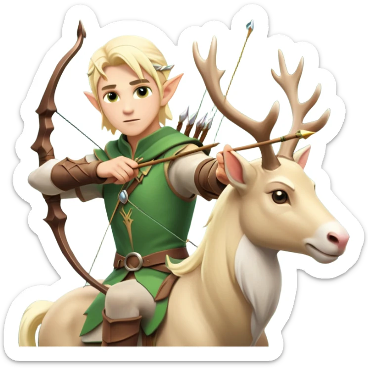 clash-of-clans-aesthetic-blond-male elf-archer-portrait-emoji, rendered in a flat, vector-style with minimal shading and bold holding his bow, simplified shapes, head tilted slightly forward with a determined, focused expression, riding a majestic white stag whose antlers glow with mystical energy, set against an ancient, enchanted forest backdrop. sticker