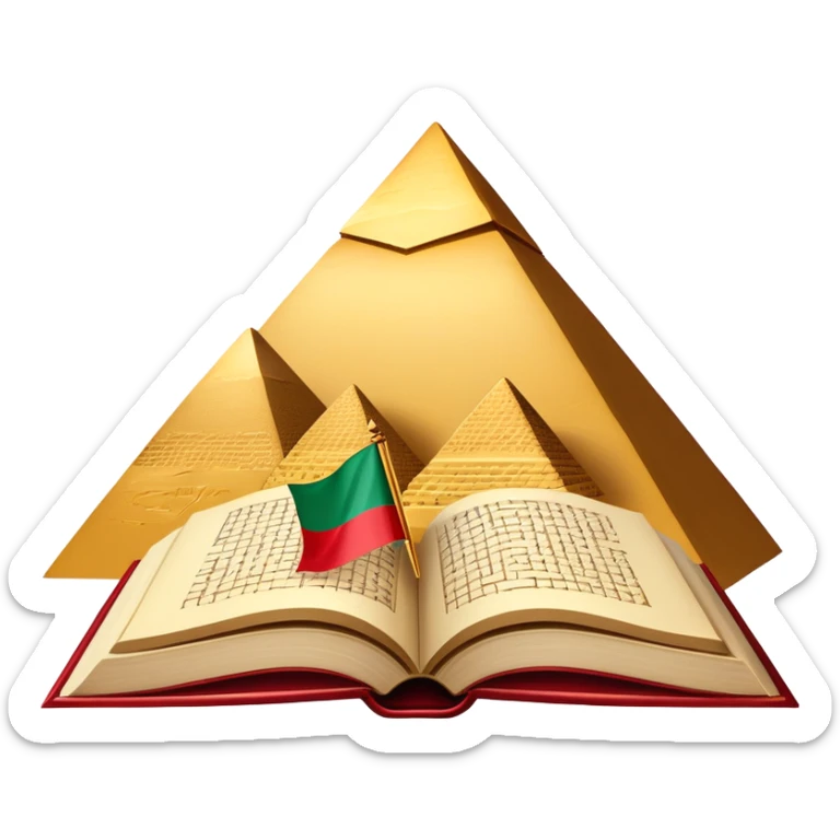 An icon featuring the Pyramids of Giza and the flag of an Arabic-speaking country, symbolizing the Arabic language. The design includes an open book with Arabic script and calligraphy, representing language learning and cultural heritage. Transparent background sticker