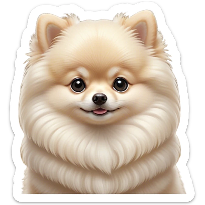 Cinematic Cute Cream Pomeranian Portrait Emoji, Head tilted playfully and inquisitively, featuring a luxurious, fluffy cream Fur with a natural sheen, round, sparkling dark eyes filled with curiosity, Simplified yet irresistibly adorable features, highly detailed, glowing with a warm, friendly glow, high shine, affectionate and lively, stylized with a touch of whimsy, bright and endearing, soft glowing outline, capturing the essence of a mischievous yet loving pup, so playful it feels like it could scamper out of the screen and into your arms! sticker