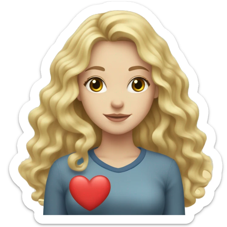 white girl with blonde wavy hair holds a heart, inside of heart you see many sea waves  sticker