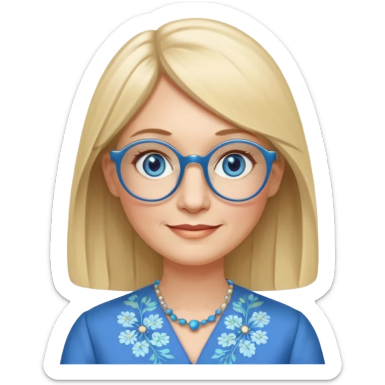 50 yr old white woman, hippie parted very long hair, short bangs, very long straight blond hair, oval face, small smile, blue eyes, thin face, hair downback, hair parted at center of head, round cheeks, pale, longer hair, business dress, long hair, big square glasses sticker