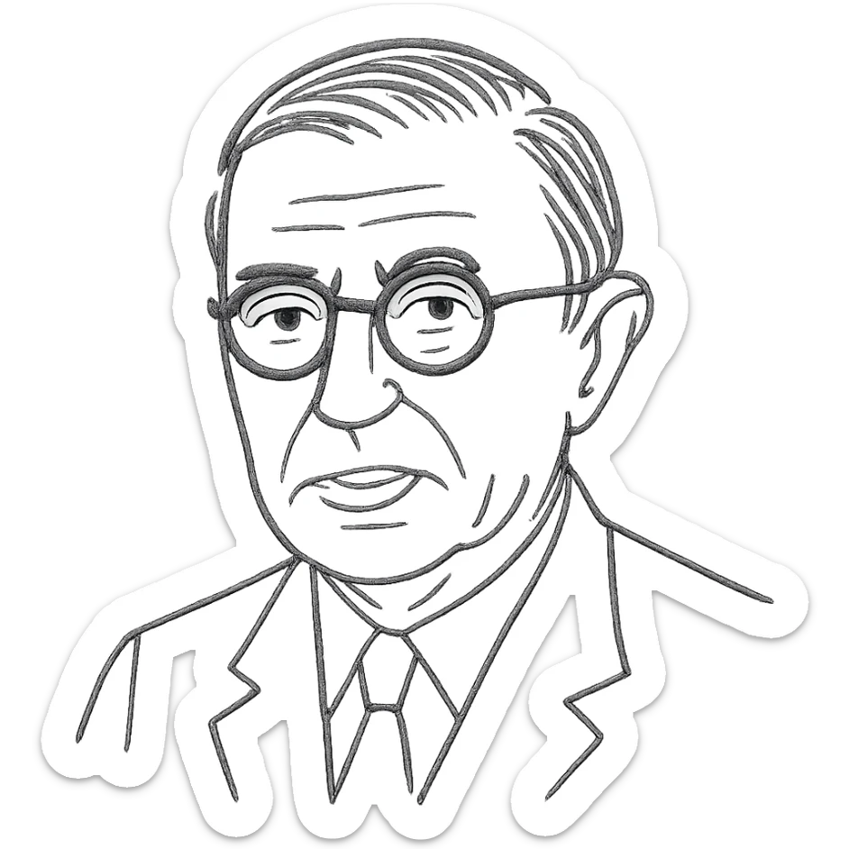 a hand drawn black outline portrait of Jean-Paul Sartre with similar-sized eyes based a famous portrait of him sticker