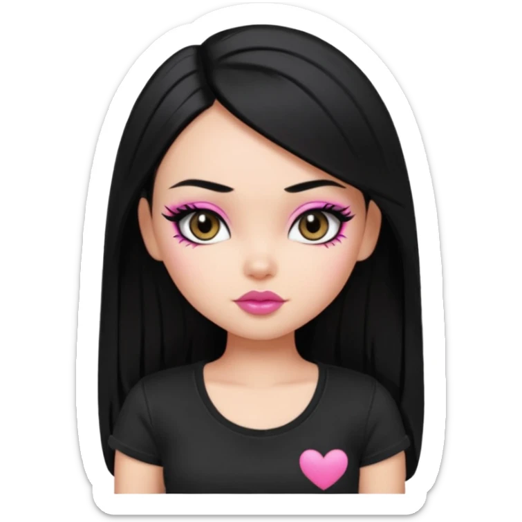a pretty bratz girl with straight black hair wearing a black tshirt, eyeliner, side part. waist up sticker
