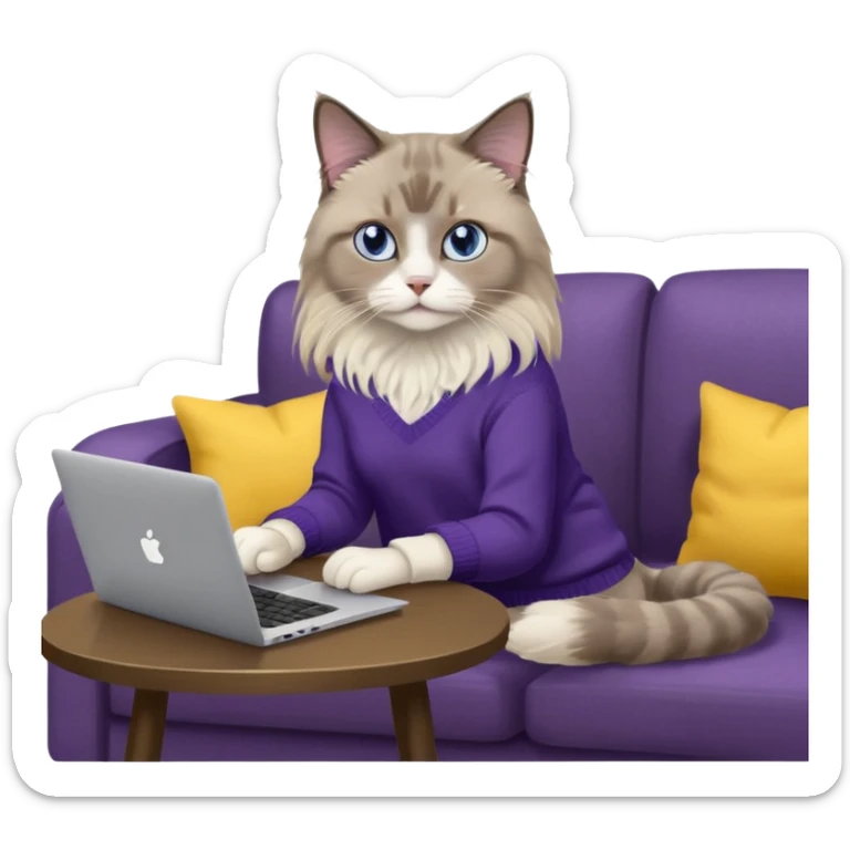 a cute blue eyed brown and white ragdoll cat with white paws and brown and beige tail wearing the dark violet sweater with yellow letteting "Milena" sitting on the grey sofa with grey laptop and drinking coffee sticker