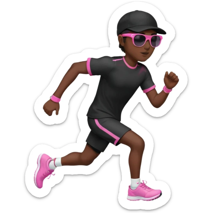Un uomo che corre vestito completamente di nero, con un cappellino nero, occhiali da sole da bambino rosa sticker