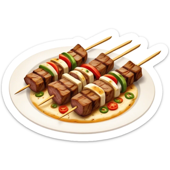 Cinematic Realistic Souvlaki Dish Emoji, showcasing skewered, grilled meat with Mediterranean spices rendered with dynamic textures and warm, appetizing lighting. sticker