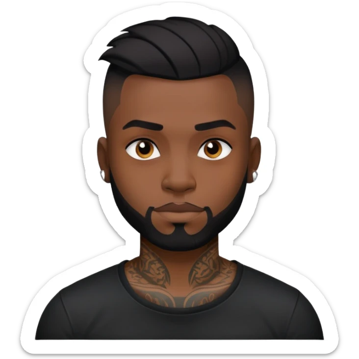 đàn ông 30 tuổi, da đen, tóc undercut ngắn đen, có hình xăm trên mặt, áo đen sticker