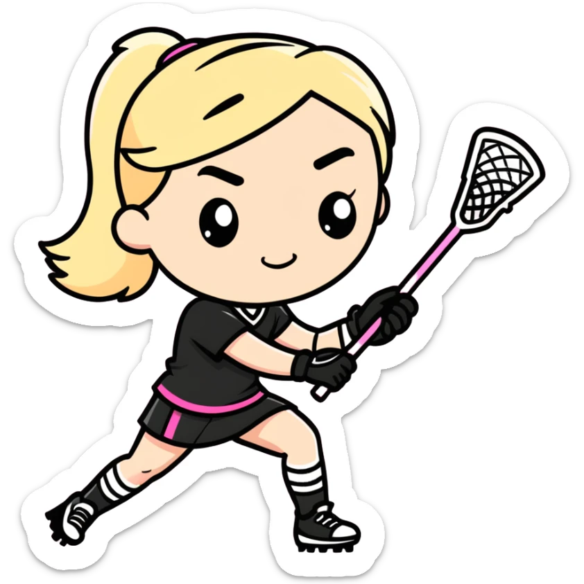 Women lacrosse player with a pink stick and all black uniform and blonde hair cool and athletic number 15 sticker