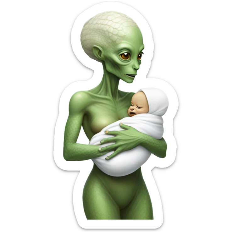  Reptilian alien woman , full body,  holds a newborn white humman baby sticker