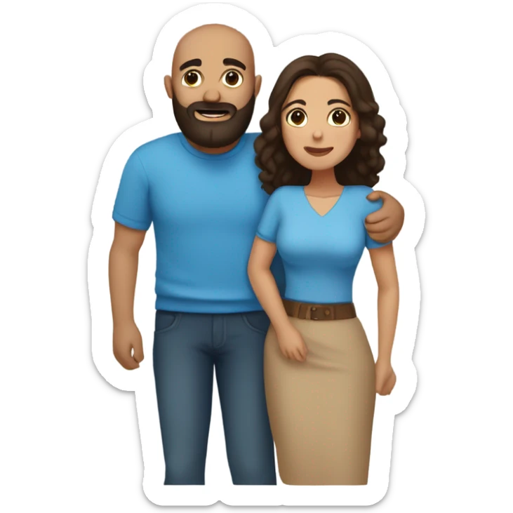 Comforting hug from brunette Puerto Rican with dark brown eyes wearing a cute blue top to short, bald man with brown eyes and a beard wearing a sweater sticker