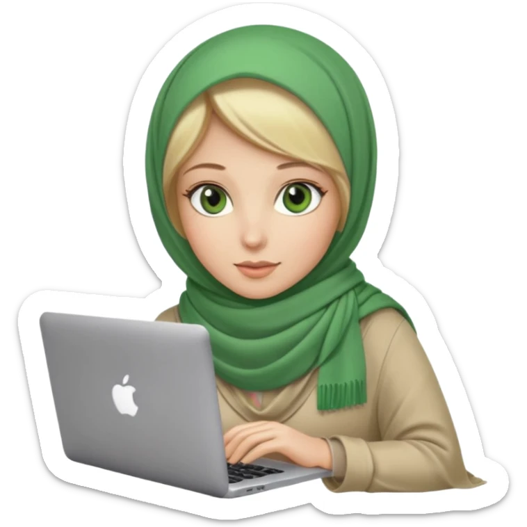 blond women skine , with green eyes , with scarf hijab . with macbook sticker