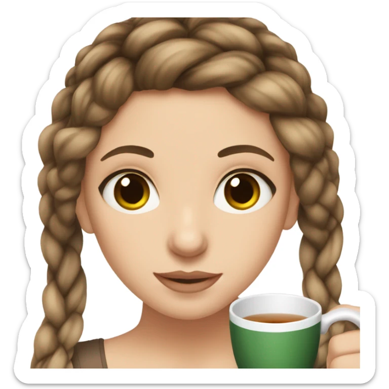 white Girl with brown eyes and brunette hair sipping tea Her hair is braided sticker