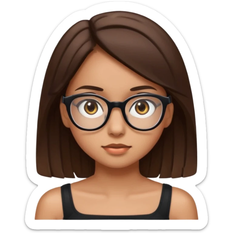 Imagine a girl with slightly light brown skin with big brown eyes and glasses. She has straight brown hair and is wearing a black tube top sticker