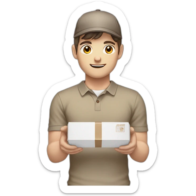 Pale skinned fit Man with dark brown hair in a beige cap, gray jeans and brown polo T-shirt keeping a pasted with tape white box into his hands sticker