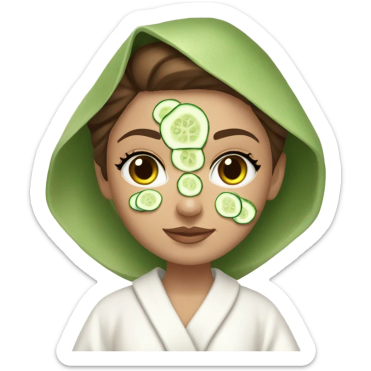 White girl with Brown hair and blue eyes wears a Green colored skincare clay textured mask and puts on cucumbers around her eyes while She relaxes in her white Robe sticker