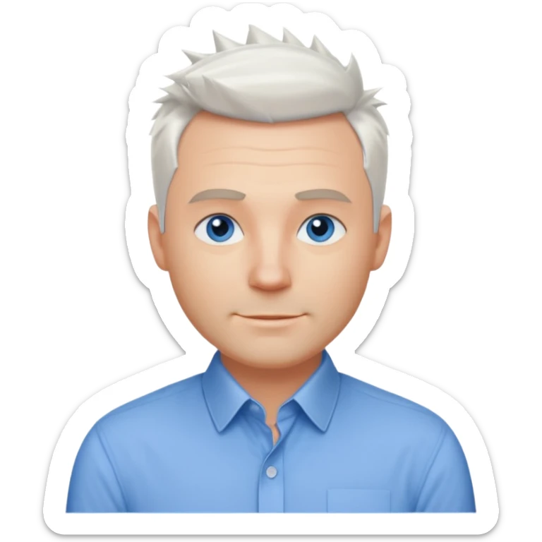 40 yr old white man short white spike hair dress shirt blue eyes smallsmile sticker