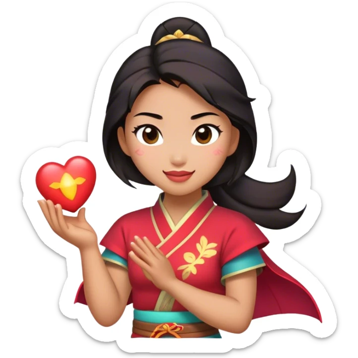 Cinematic Adorable Mulan Portrait Emoji, Playfully holding Cri-Kee in her hands, eyes sparkling with mischief, soft rosy cheeks, a warrior with a heart full of charm, radiant in the morning sunlight, glowing with warmth and joy! sticker