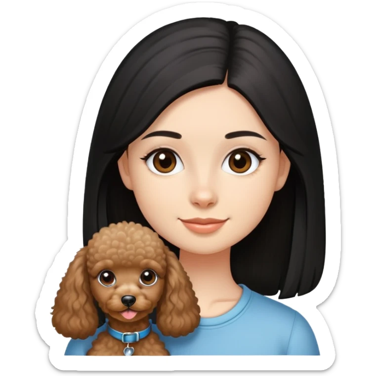 A girl with fair complexion with black long straight hair, dimples and brown eyes and miniature poodle sticker