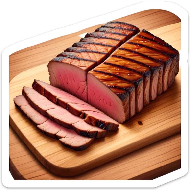 Cinematic smoked brisket, deep mahogany crust, perfectly sliced to reveal juicy marbled meat, warm smoky aroma, served on a wooden board, rich and flavorful, ultra-detailed and appetizing. sticker
