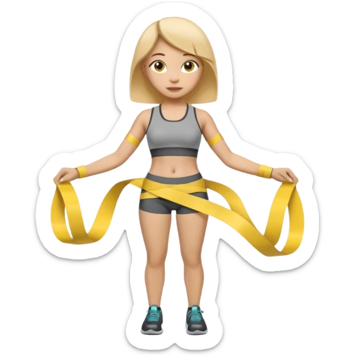 A 3D cartoon person measuring their waist with a yellow tape, casual fitness outfit, Memoji-style realism. close up. sticker