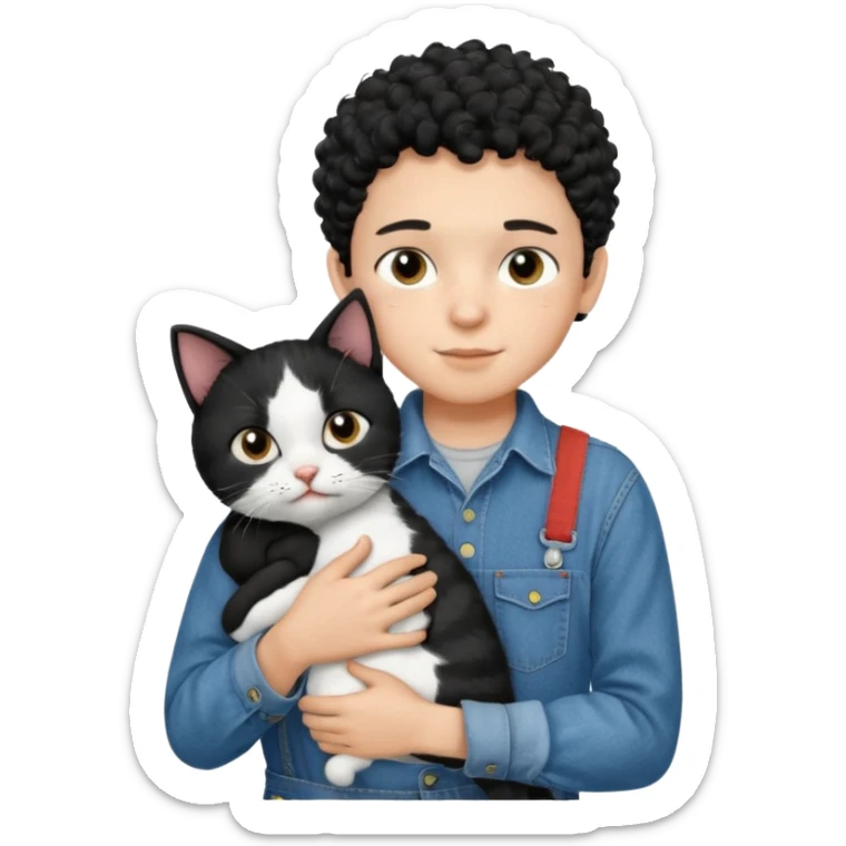 Apple emoji of a 13 year old boy with short black curly hair and dark brown eyes of light skin with denim shirt and overalls hugging a black and white cat sticker