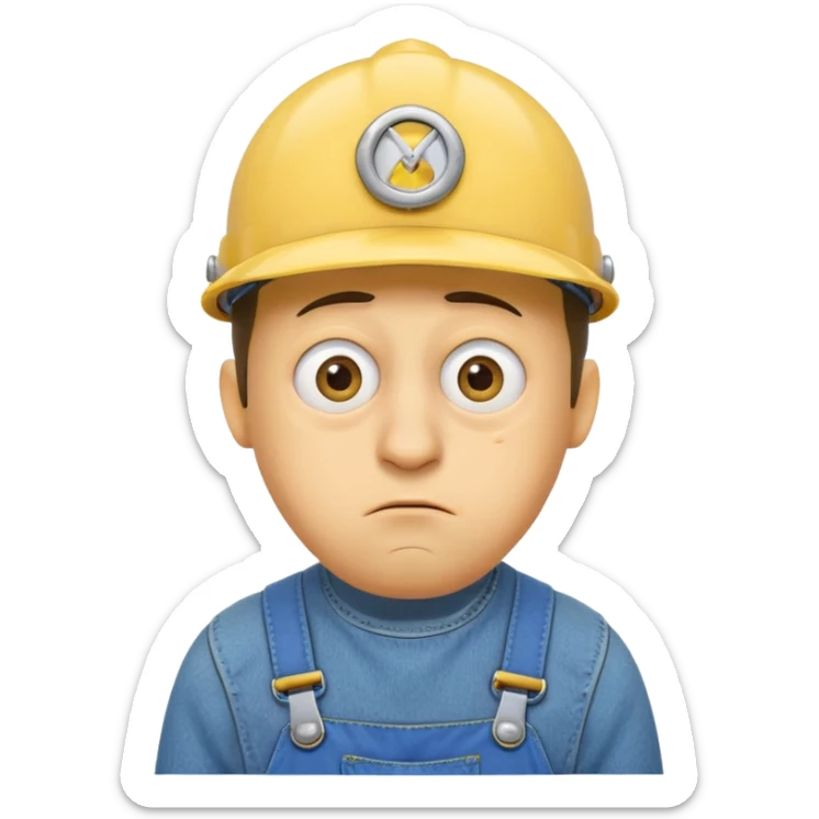 close up of a sad Minion face with expressive eyes, yellow skin, blue overalls, single tear, simple background sticker