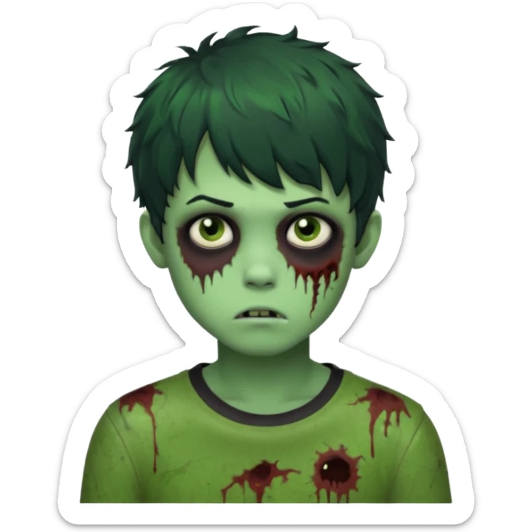Boy, zombie, green skin, black, short and curly hair with bangs, round shaped hair, emo, ultra dark, bored expression with tired eyes  sticker