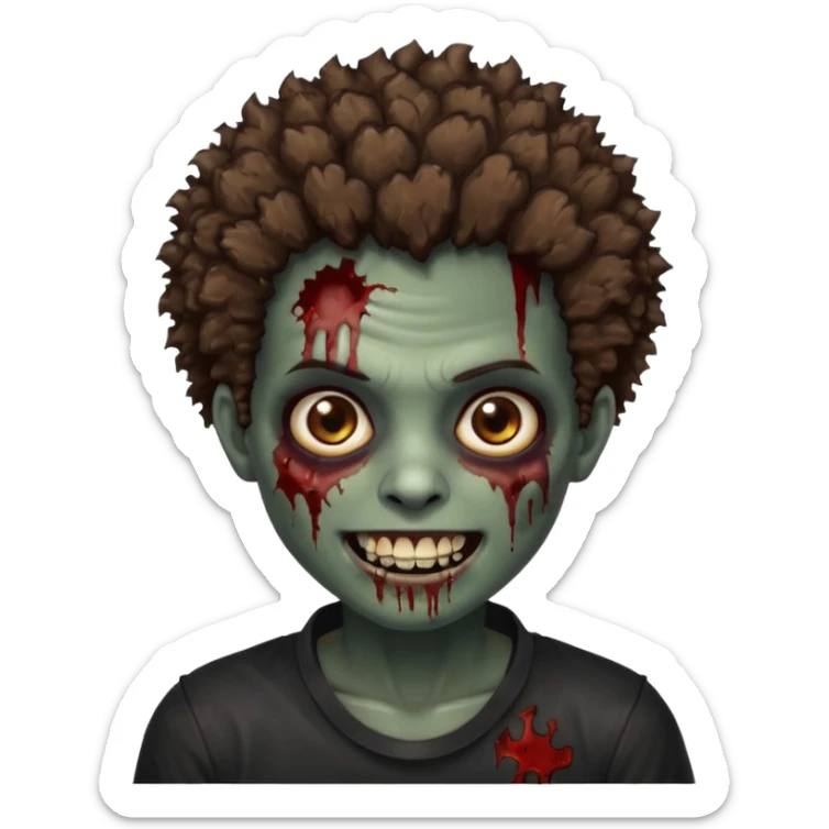 zombie with brown skin, short messy afro hair, wide centered brown eyes, dark bloody marks under the eyes, and a smile showing shiny metal teeth,black shirt, giving a distressed, undead look. sticker