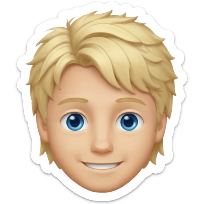 Emoji chlopak z blond włosami które będą rozsztrzepane i niebieskimi oczami uśmiechając się i większe wlosy sticker