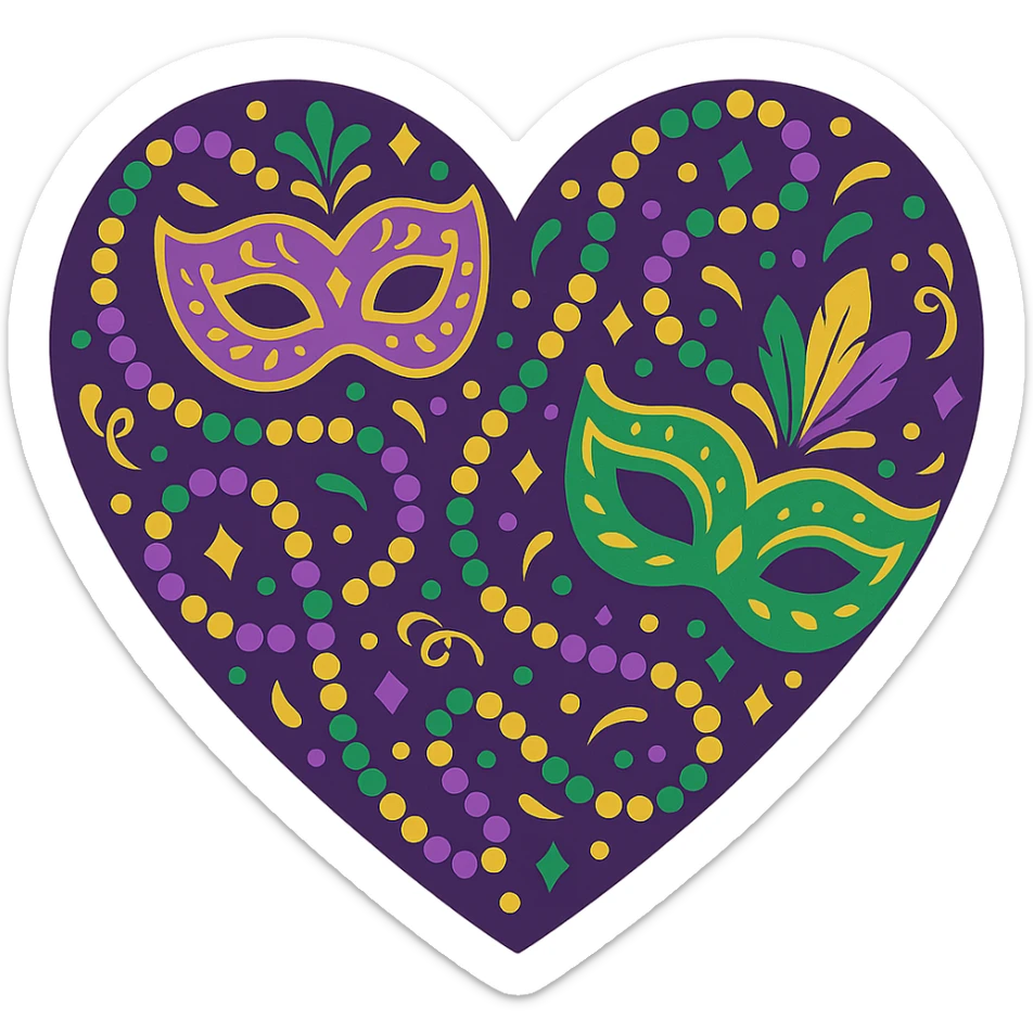 heart with Mardi Gras theme, vibrant colors, beads, masks, festive and celebratory sticker