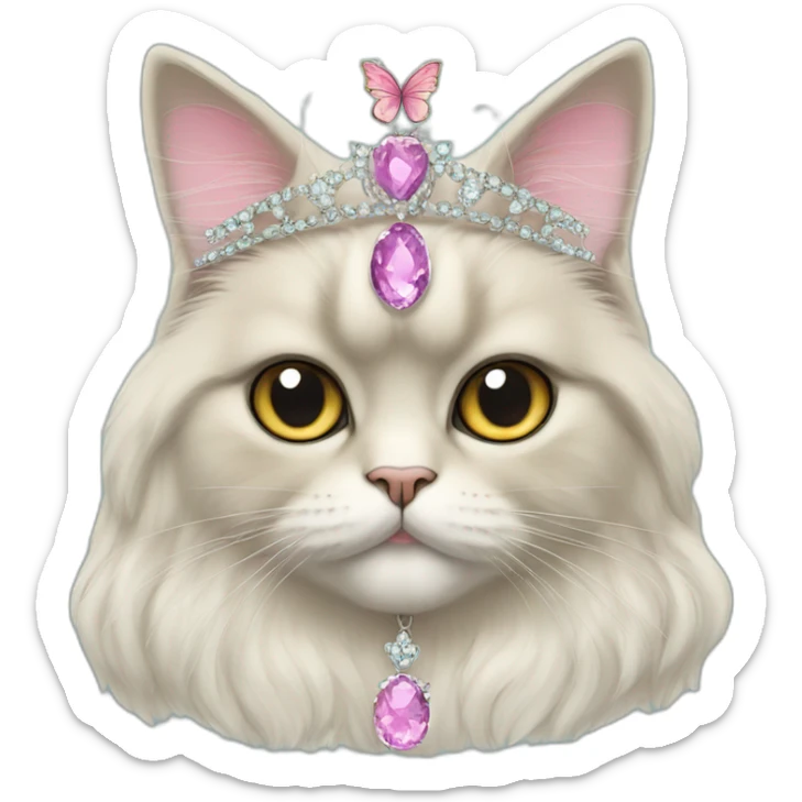 Persian cat wearing a tiara and necklace with a butterfly shaped pendant sticker