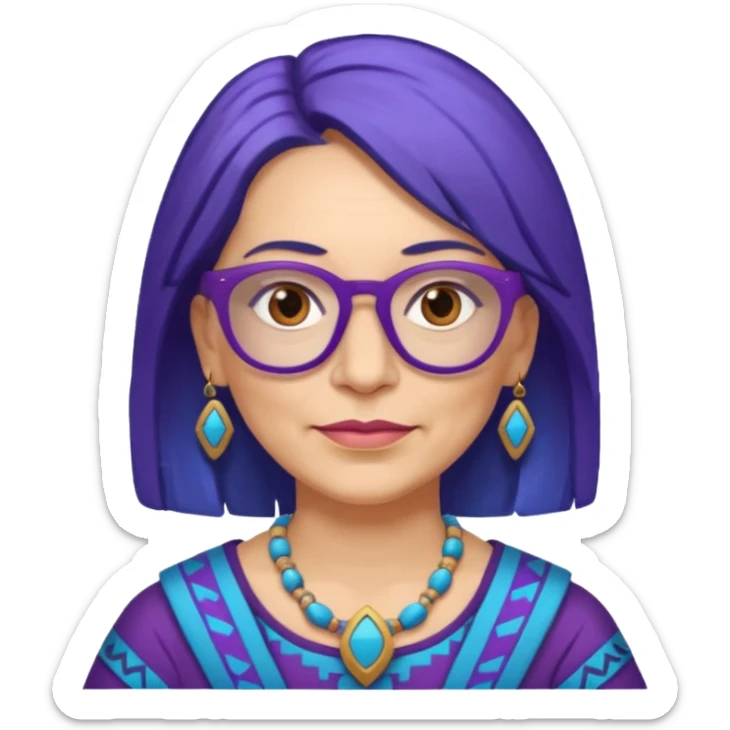 50-year-old woman with purple glasses, brown eyes, and Aztec blue shoulder-length hair sticker