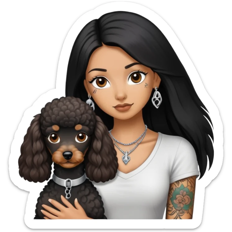 girl with long black  straight hair and tattoos and a  silver Yorkshire and a brown poodle sticker
