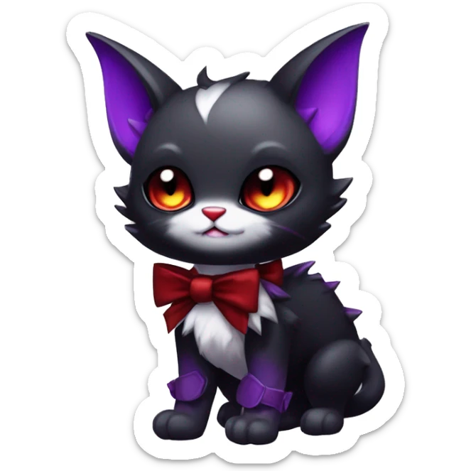 Cute-Evil-Vampiric-Batty-Cat-Black-Purple-Red-White-Contrast-Colors-Fantasy-Fur-Sona-Chibi-Shiny-Fakémon-Hybrid with horns and big fangs neck bow tie leg spats full body sticker