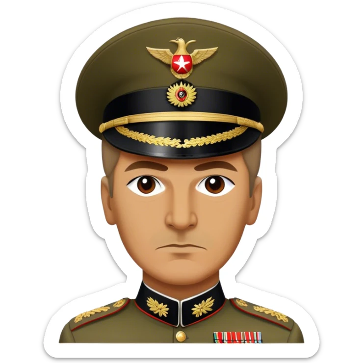 Cinematic Realistic Mustafa Kemal Atatürk Portrait Emoji, depicted as a visionary statesman with a determined gaze and period military attire, rendered with rich textures and dynamic historical lighting that captures his transformative leadership. sticker