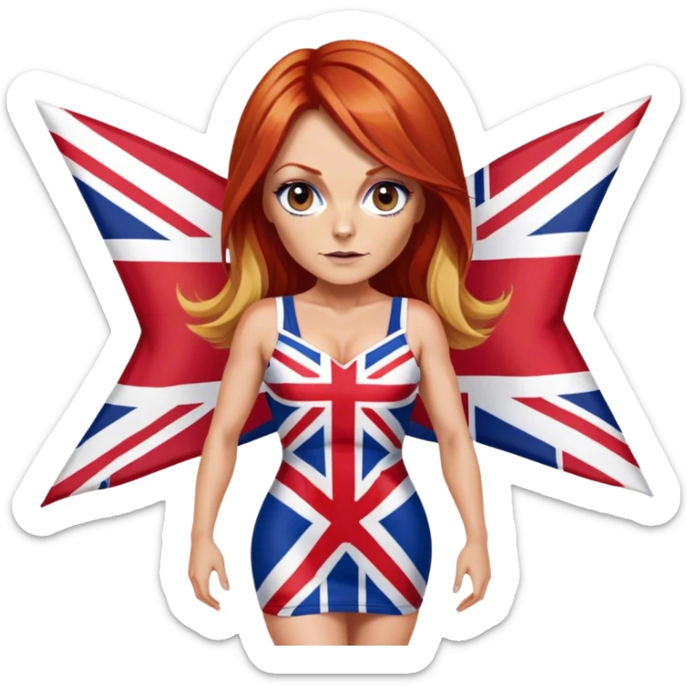 Geri Halliwell with red hair and blonde highlights wearing a short bodycon Union Jack flag dress sticker