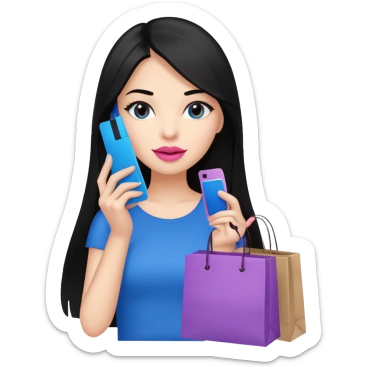 Girl with long black hair, pink lipstick, brown eyes on the phone holding shopping bags and blue credit card sticker