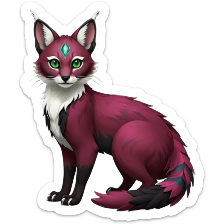 Colorful dark tropical feathery tribal dark burgundy wine-red obsidian-black jade-green white glorious iridescent divine exotic cute cool beautiful beautiful fantasy-caracal-civet-genet-sergal-vernid-Gryphon-Cacomistle-Trico-oncilla-animal-Fakémon-hybrid-fursona (full body) sticker