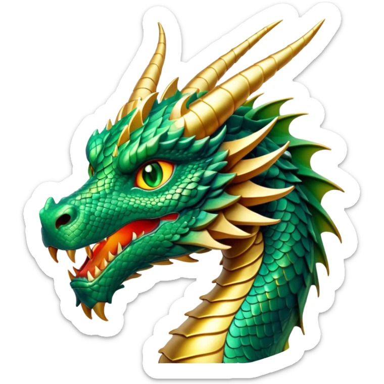 cinematic-noble-dragon-portrait-emoji,-poised-and-majestic,-with-a-sinuous,-elongated-body-covered-in-intricately-detailed,-shimmering-scales-in-hues-of-emerald-and-gold,-and-piercing,-fiery-eyes-that-reflect-ancient-wisdom; sticker