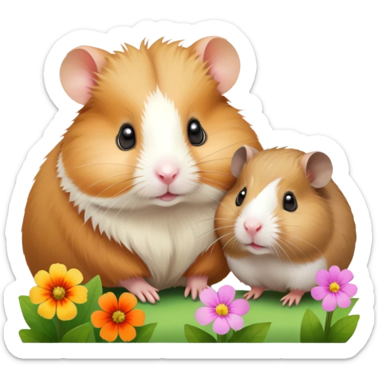 Icon for Hamster and Guinea Pig: A portrait-style collage with a fluffy hamster with soft fur, looking curious, and a friendly guinea pig with long, smooth fur, both on a soft green background with flowers and soft light. Transparent background. sticker