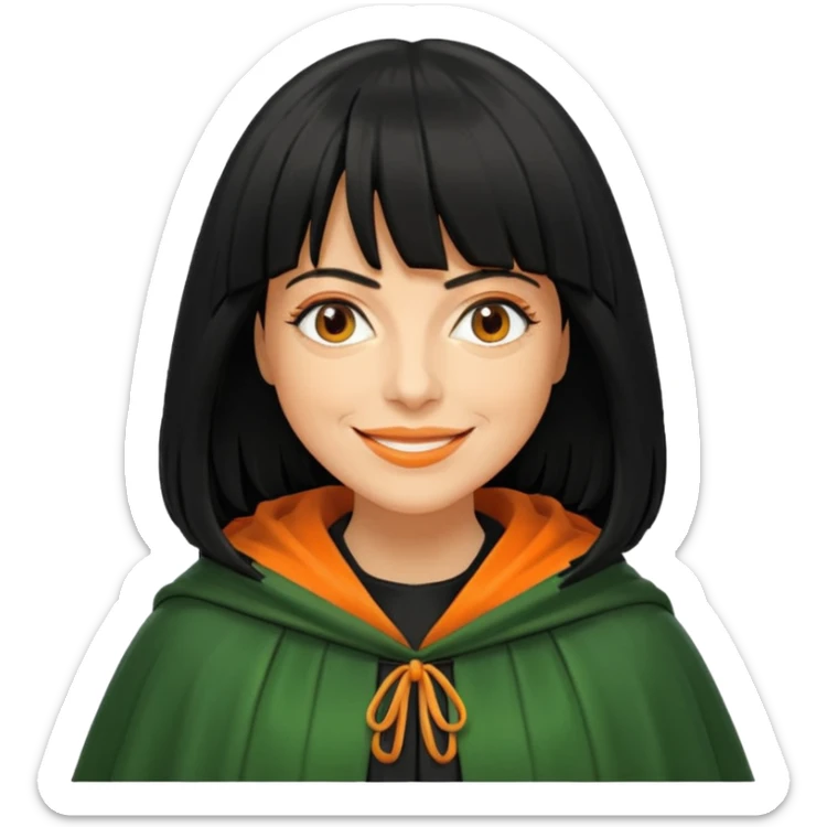 traitor tv show, person wearing green cloak who looks like claudia winkleman orange skin tone and thick black fringe sticker