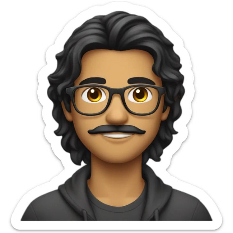 Indian teenager, with moustache and a goatee, with long wavy black hair, wearing glasses sticker