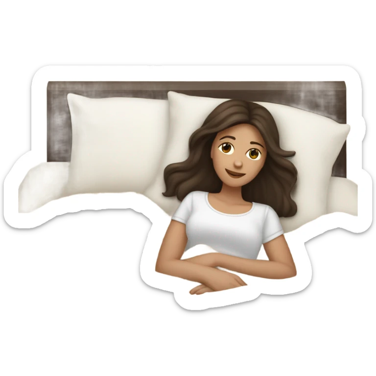 white girl with long dark brown hair laying in a bed with beige comforter sticker