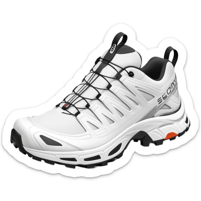 Salomon XT-6 white sneakers with Gore-Tex, one shoe positioned behind the other sticker