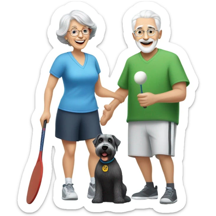 A grandma with short grey hair and grandpa with a short white beard playing pickle ball with a small black and white schnauzer sticker
