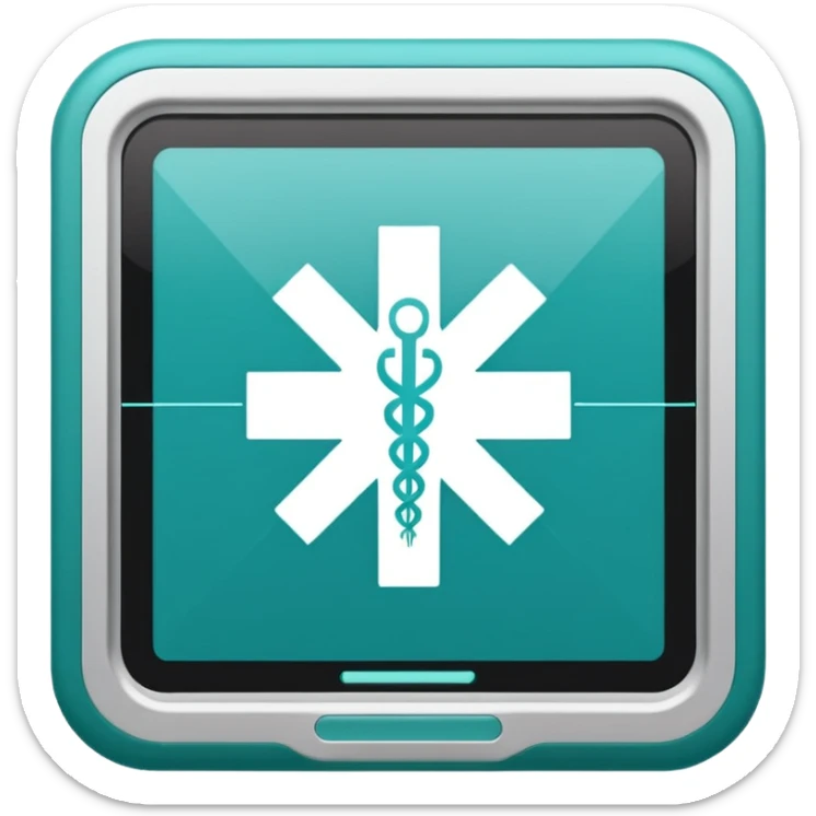 Emoji-style icon of a medical cross inside a scan frame with data lines, symbolizing AI disease detection. Simple emoji design, teal and white theme, no text, transparent background. sticker